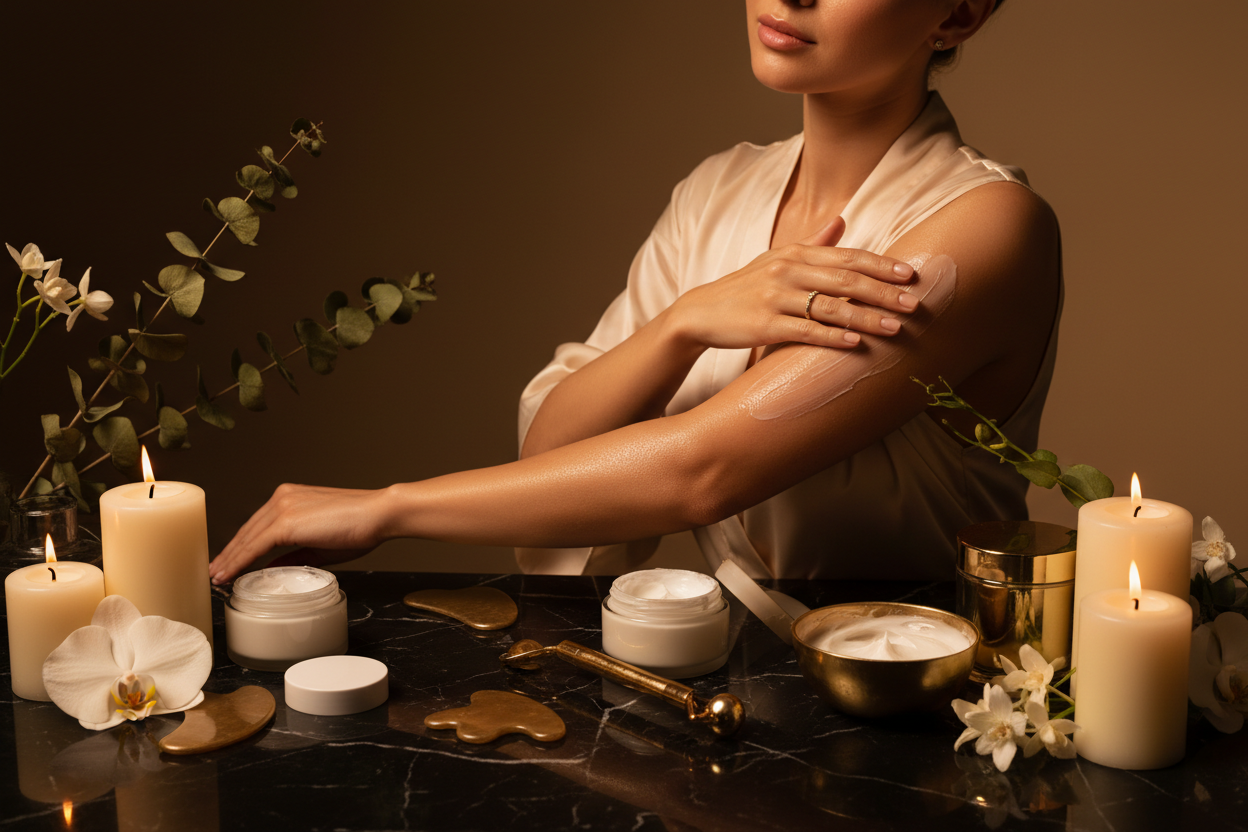 Luxury skincare serums and creams with glowing skin on black marble with gold accents