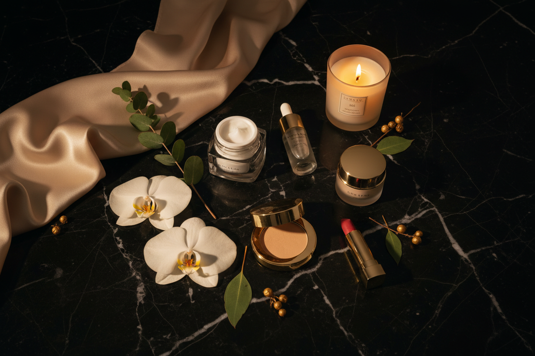 Luxury beauty flat lay with gold accents and botanicals on black marble