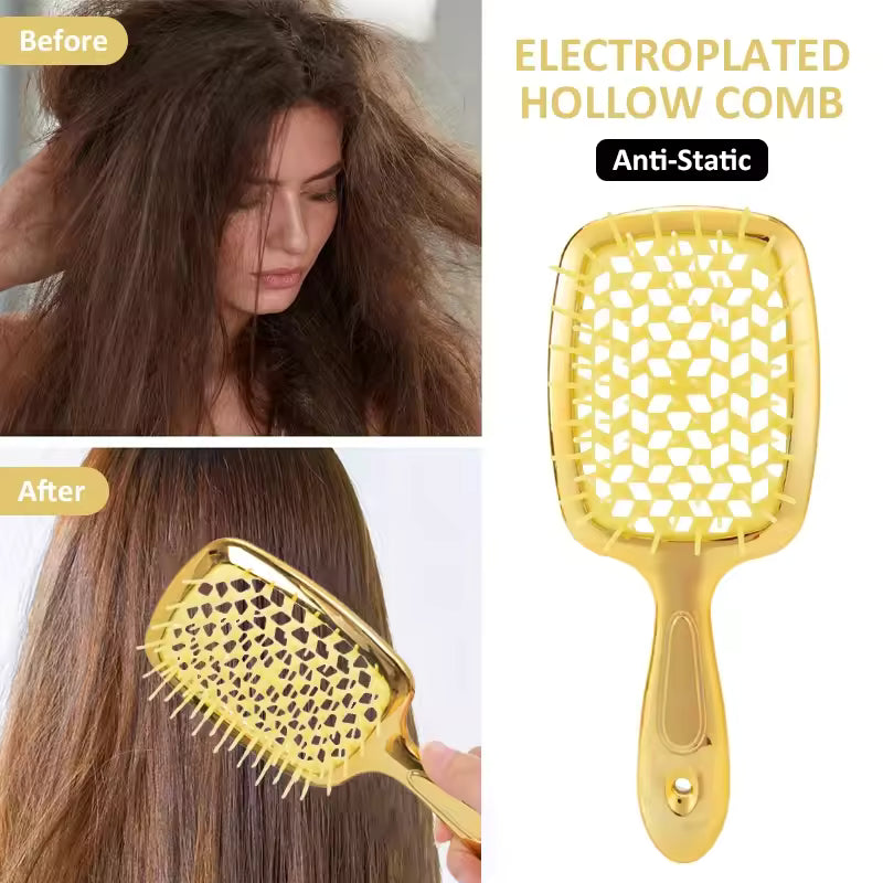LuxeFlow Hollow Vent Styling Brush | Electroplated Anti-Static Hair Brush