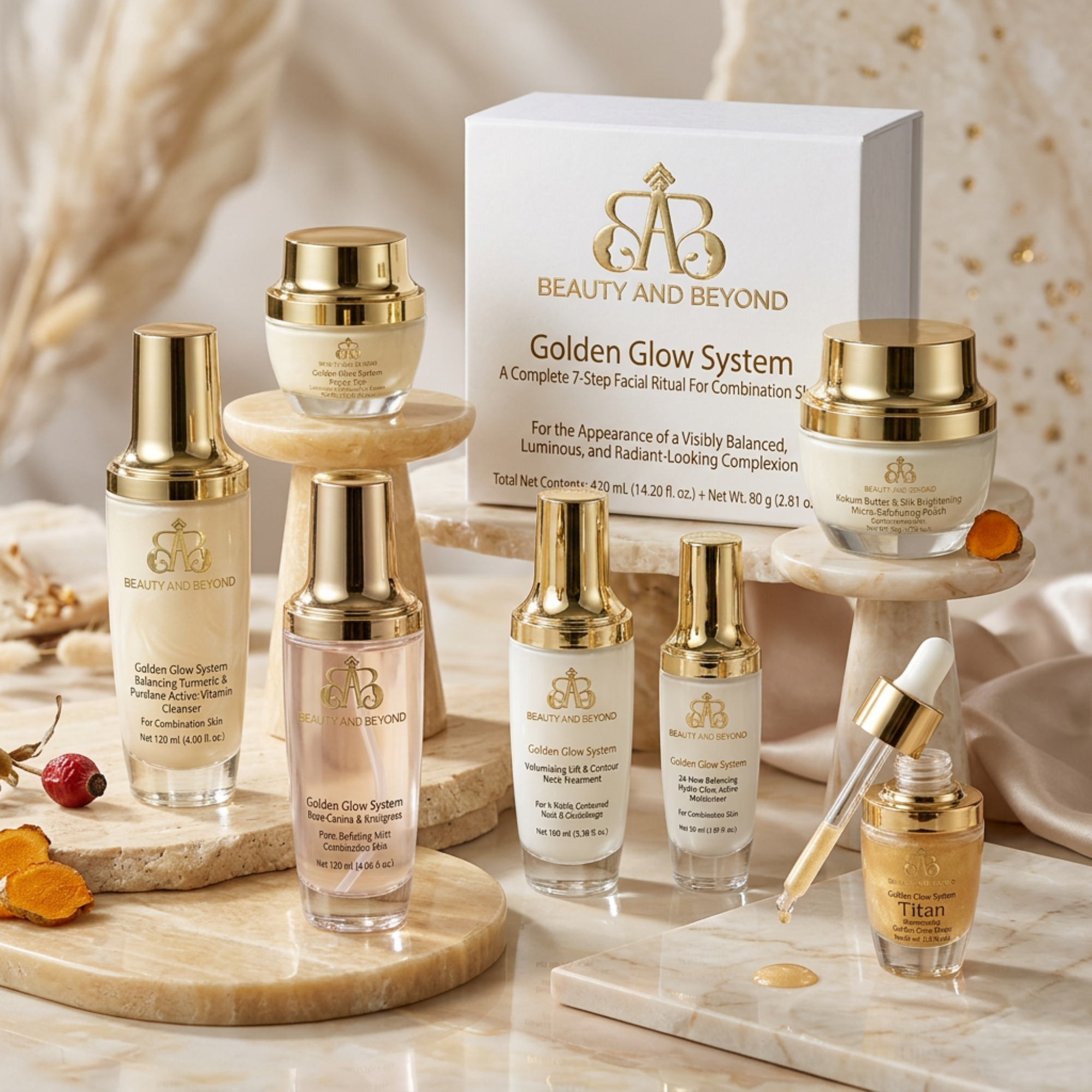 Golden Glow System | 7-Piece Facial Core System Complete Combination Skin Facial Ritual | Professional Grade for Combination Skin