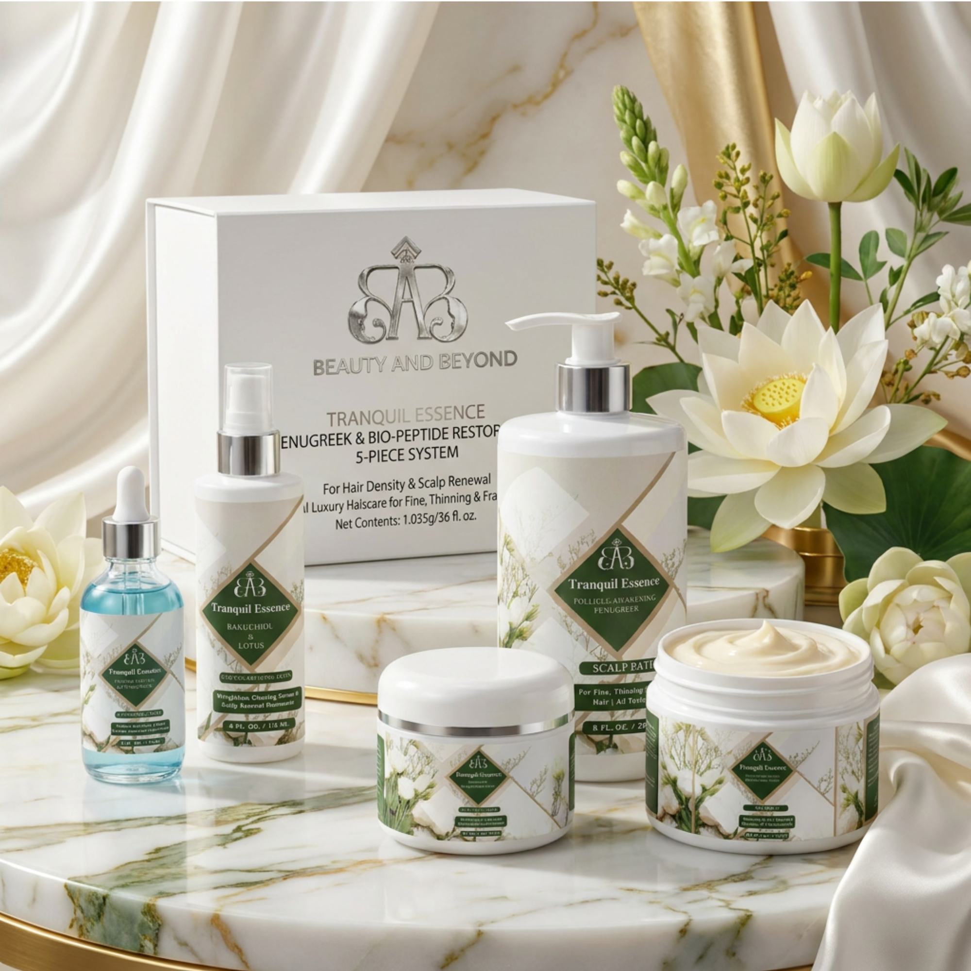 TRANQUIL ESSENCE Fenugreek & Bio-Peptide Restorative 5-Piece System for Hair Density & Scalp Renewal