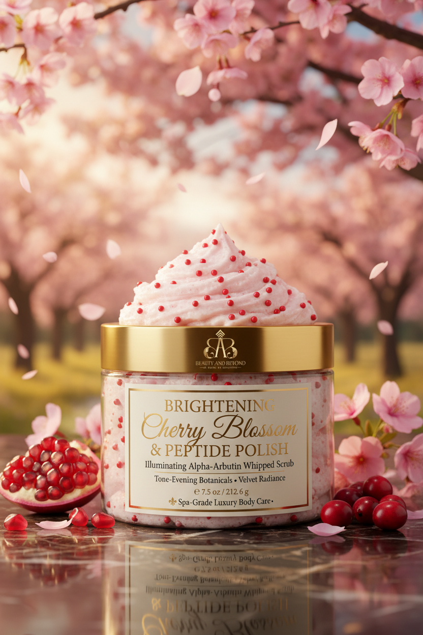 Brightening Cherry Blossom & Peptide Polish — luxury hero product shot with cherry blossom petals and pomegranate