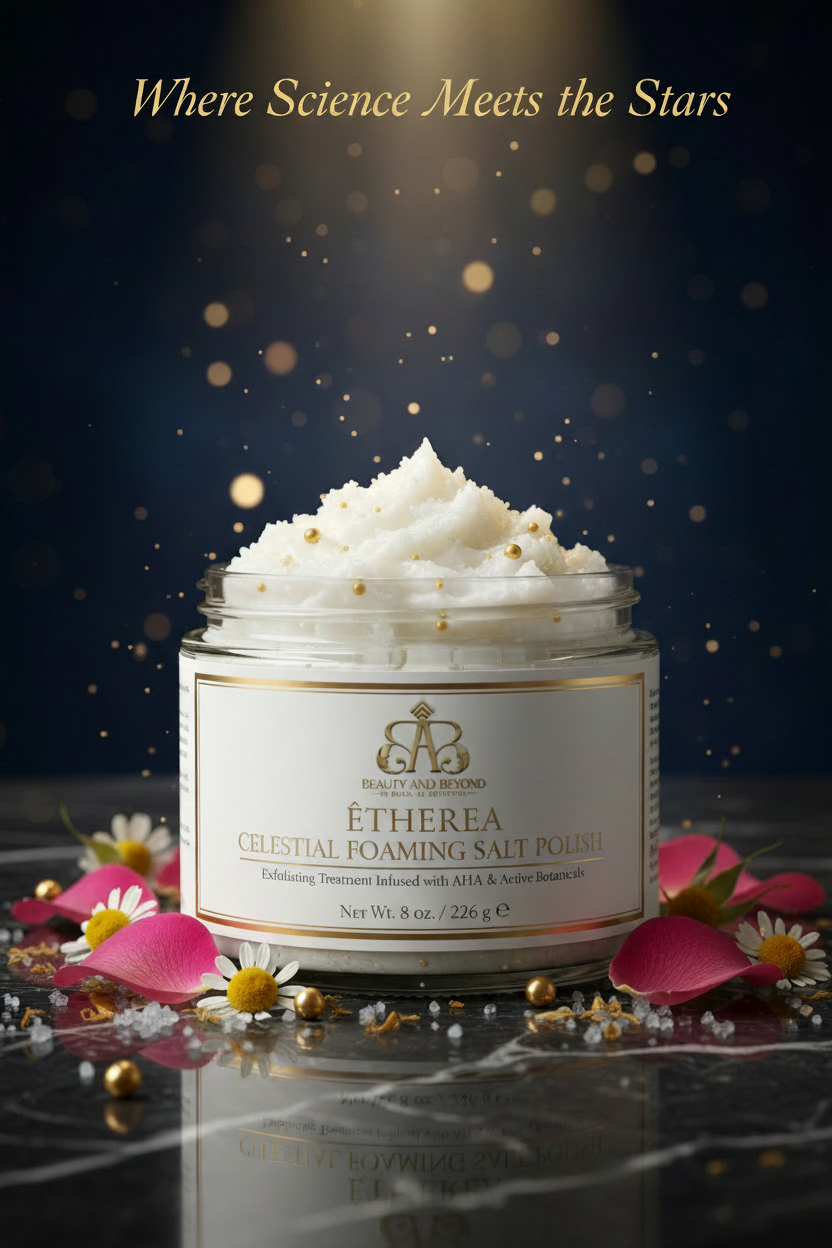 Ætherea Celestial Foaming Salt Polish hero shot with botanicals on dark marble surface
