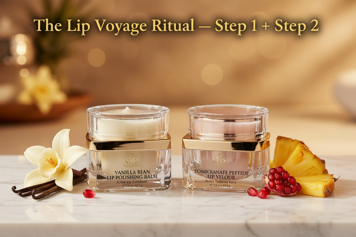 The Lip Voyage Ritual — Vanilla Bean Lip Polishing Balm and Pomegranate Peptide Lip Velour duo set