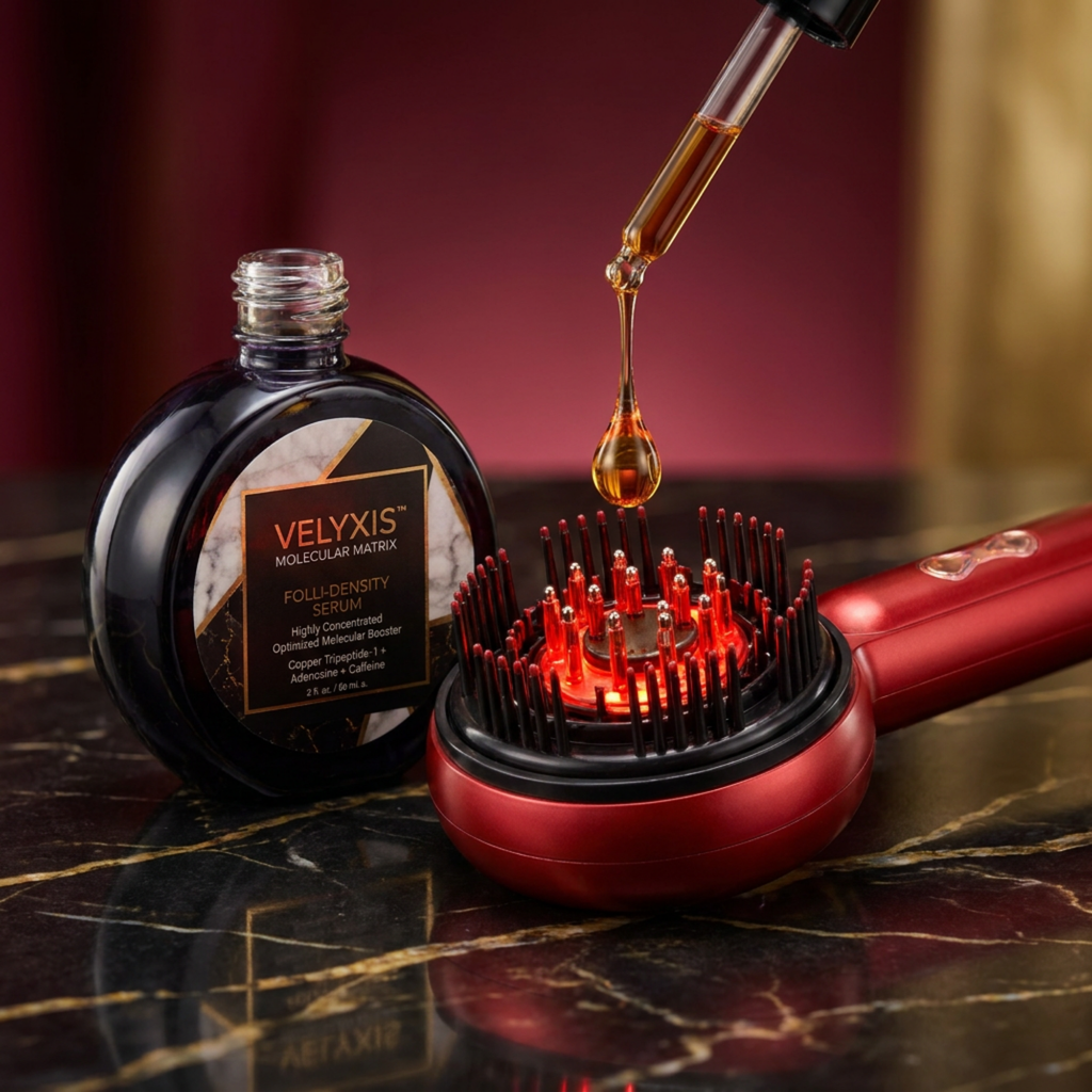 THE VELYXIS™ SCALP INFUSION DUO VELYXIS™ MOLECULAR MATRIX The Scalp Infusion Duo — Folli-Density Serum + LED Infusion Comb